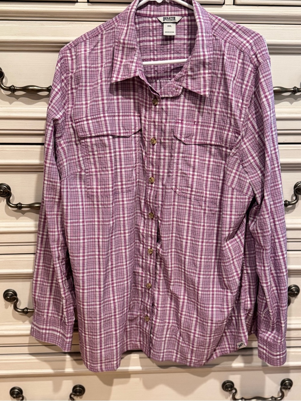 Duluth women’s button down shirt, purple check